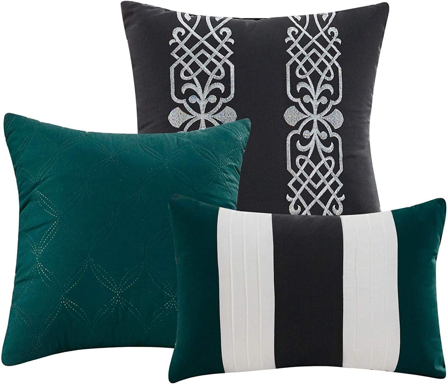 Deluxe Tradition PERI 7 Pieces Luxury Queen Comforter Set Featuring Floral Embroidered Design in Teal, Black and White Bed in A Bag Includes Comforter, Skirt, Throw Pillows, Pillow Shams