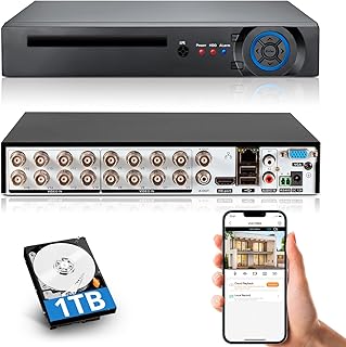 16 Channel CCTV Camera System Surveillance Video Recorder with 1TB Hard Drive,16CH DVR Supports 5MP/4MP/1080P AHD/TVI/CVI/CVBS/IP Cameras, 24/7 Surveillance Recording,Human Detection,Remote Access