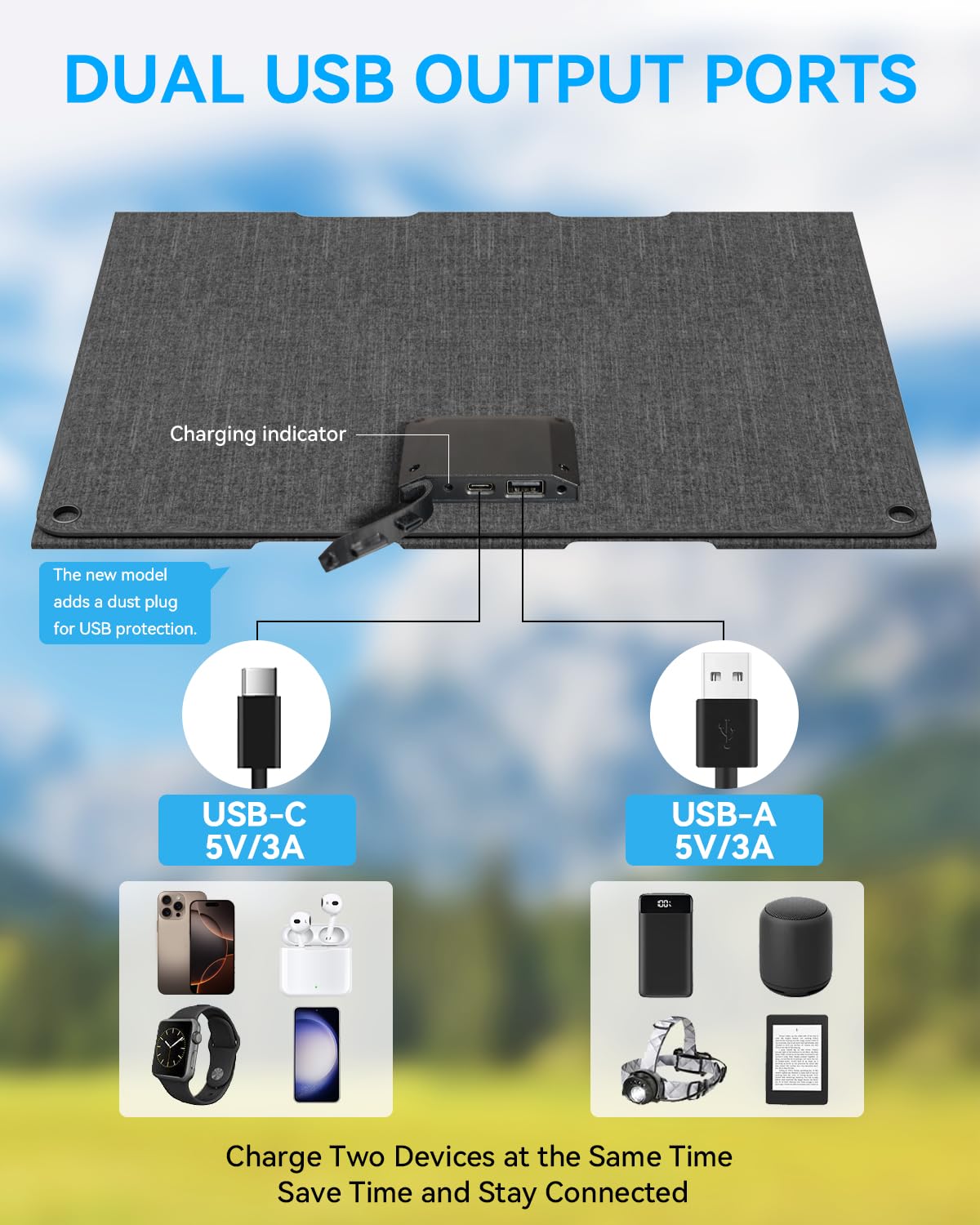 Ecosonique 30W Portable Solar Charger Foldable Solar Panels with USB C USB A Fast Charging Waterproof for Camping Backpacking Compatible with Cell Phone, iPhone, iPad, Samsung Galaxy, LG, Power Banks