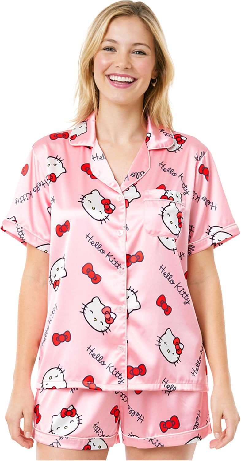 Get Trend Hello Kitty | Kuromi | Pusheen Women’s Pajama Sets, 2 Piece Button Up Shirt & PJ Shorts, Soft Kawaii Lounge Sets