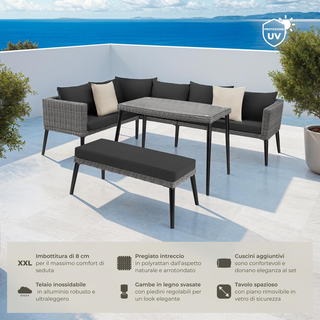 tectake® Salottino in rattan Pula, Telaio in Alluminio, Tavolino Salotto con Lastra in Vetro, Divano Salotto, Elemento Angolare, Imbottitura spessa, Resistente ai Raggi UV - Grigio