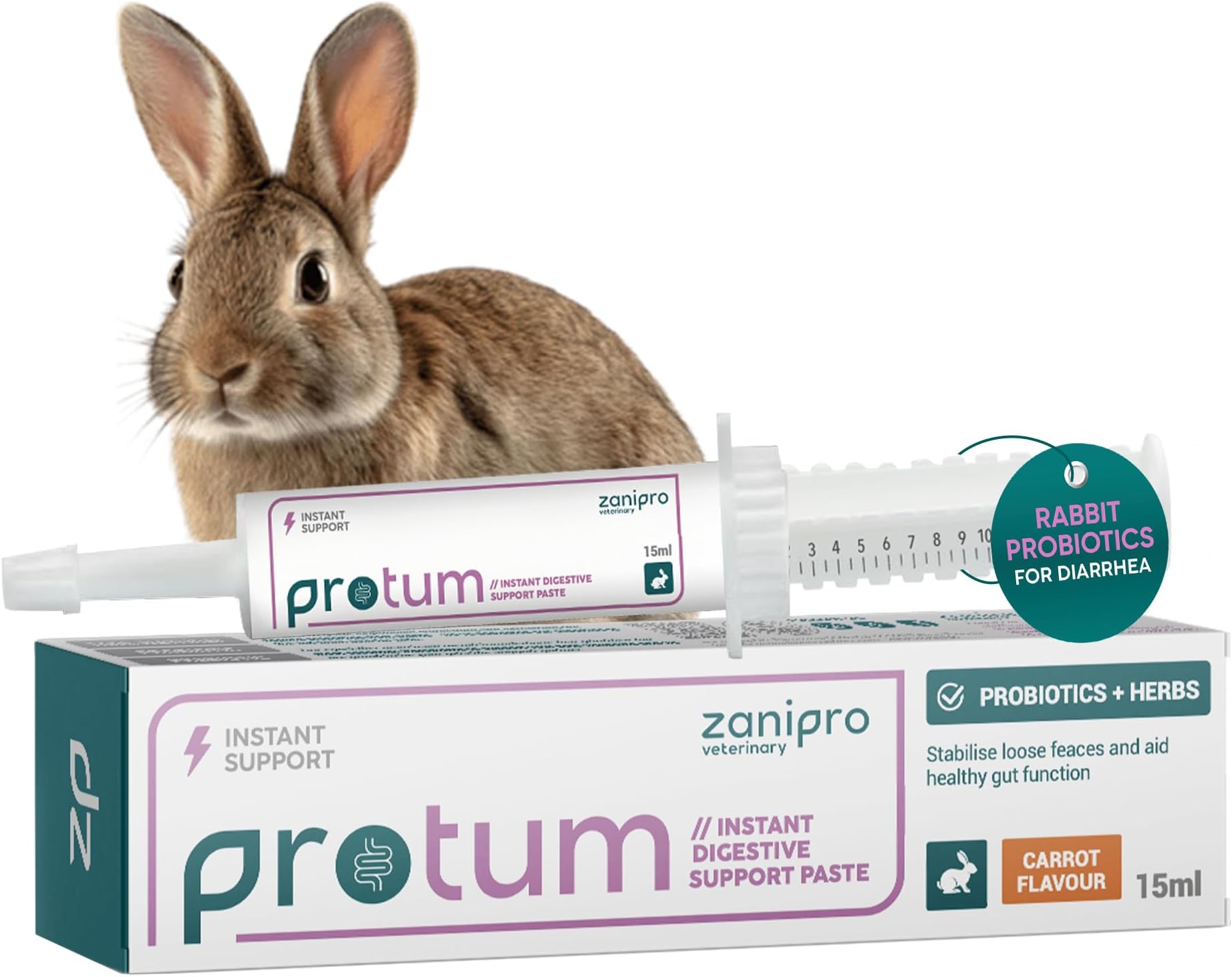 Veterinary Rabbit Probiotic Paste 15ml - New Improved Formula for Easy Dispensing, Guinea Pig & Small Animals Carrot Flavour for Gut Health, Digestive Balance, Easy to Use Critical Care Recovery