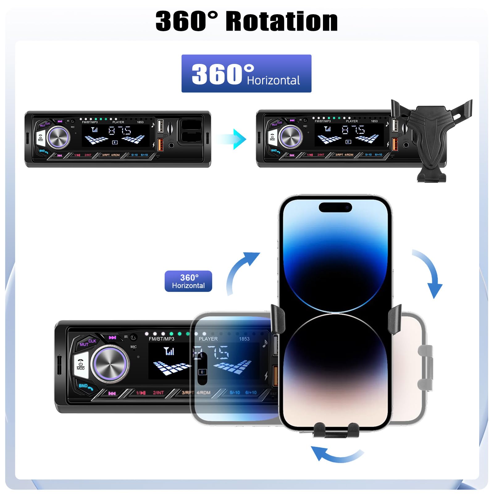 CAMECHO Autoradio 1 Din Bluetooth 5.0 mit Handyhalterung, Autoradio mit Bluetooth Freisprecheinrichtung, MP3 Tuner mit U Disk/FM/TF-Karte/AUX/2 USB 7 Backlight, 4 * 45W
