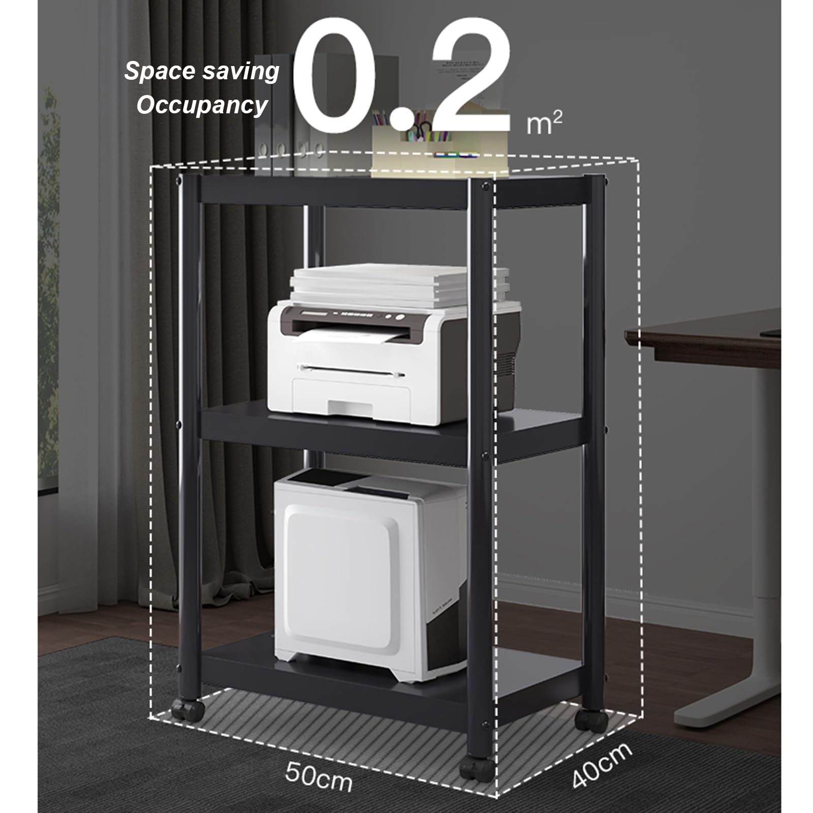 Soporte metálico para Impresora con Ruedas, Carrito de Almacenamiento de 3 Niveles Que Ahorra Espacio, con estantes rodantes para escáner y Prensa térmica | Mesa Multiusos para el