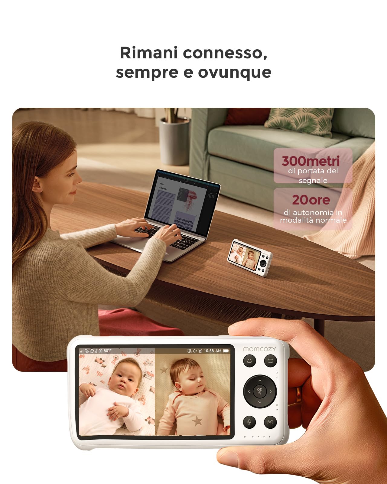 momcozy BM04 Baby Monitor video e audio con 2 Telecamere WiFi, 1080P 5" | 5000mAh Batteria, Zoom 4X, Visione Notturna Nitida, Audio Bidirezionale, Rilevamento Movimento, Supporto a Parete