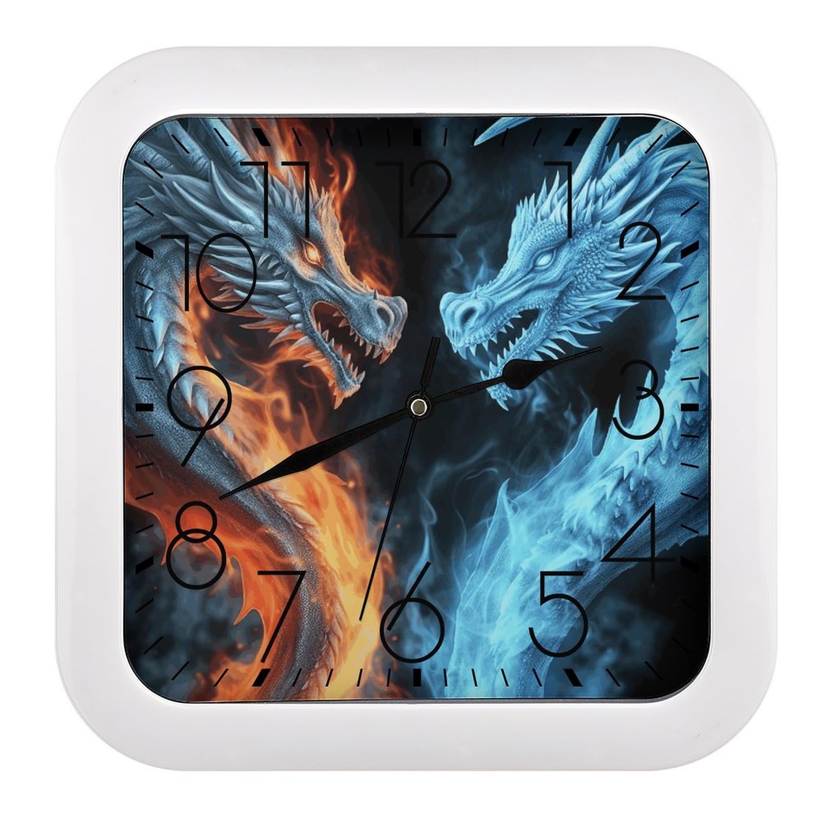 LZQPOEAS Ice and Fire Dragons Square Wall Clock, 10.2 Inch Battery Operated Silent Non-Ticking Wall Clock, Square Analog Decorative Clock for Home Wall Art, Living Room, Bedroom, and Office