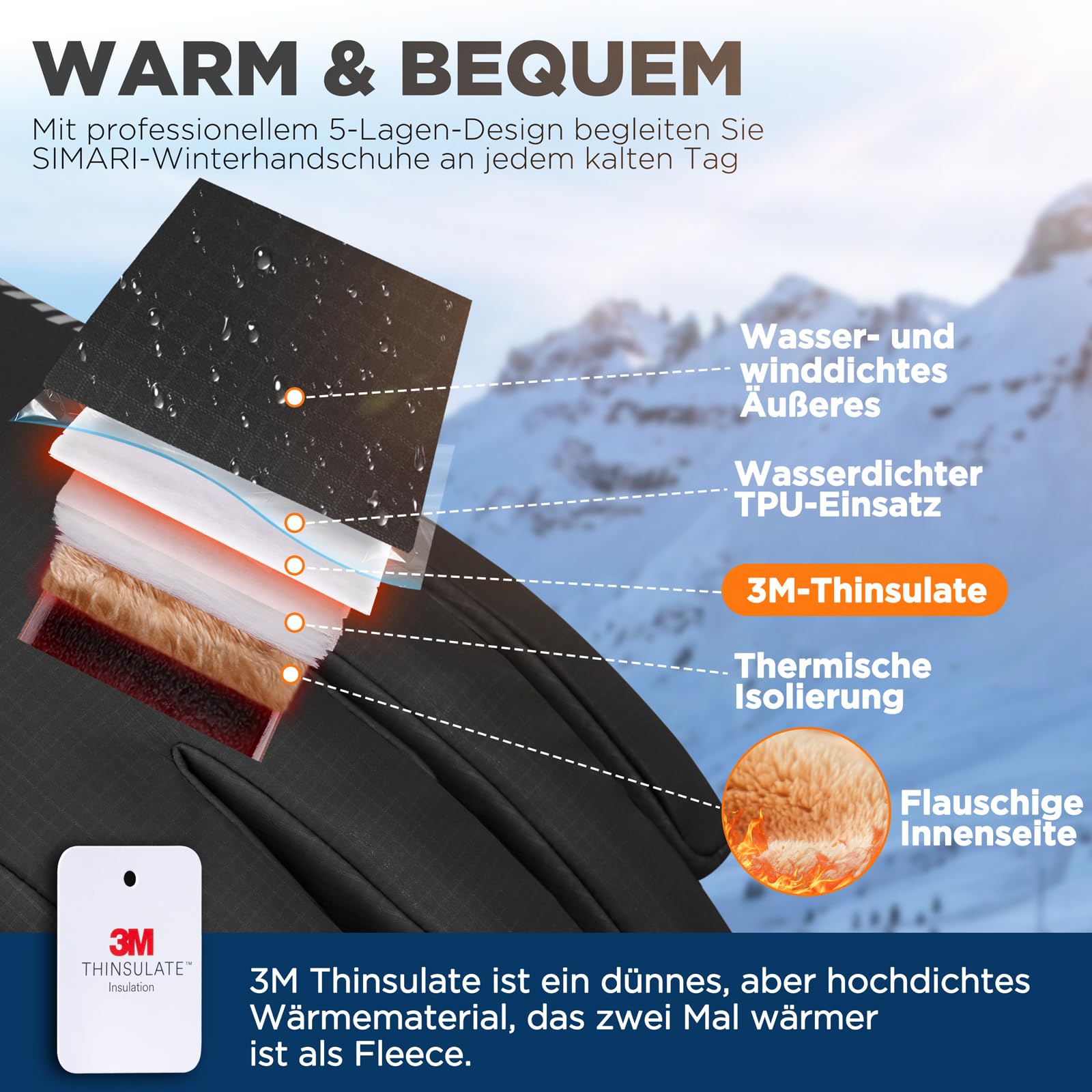 SIMARI Winterhandschuhe Herren Damen Thermo wasserdichte Warme Touchscreen Fahrradhandschuhe Snowboard Ski Outdoor Anti-Rutsch Winddicht Laufen Wandern Plüsch Winter SMRG108