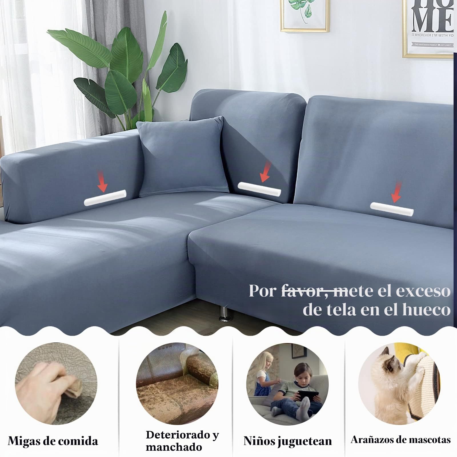 Jaotto Fundas para Sofás Chaise Longue Elásticas,Cubre Fundas de Sofá Cheslong Brazo Largo Derecho Ajustables de Forma L Extraíbles Lavables,Fundas Protectora para Sofa(1 Plaza+2 Plazas,Gris Azul)