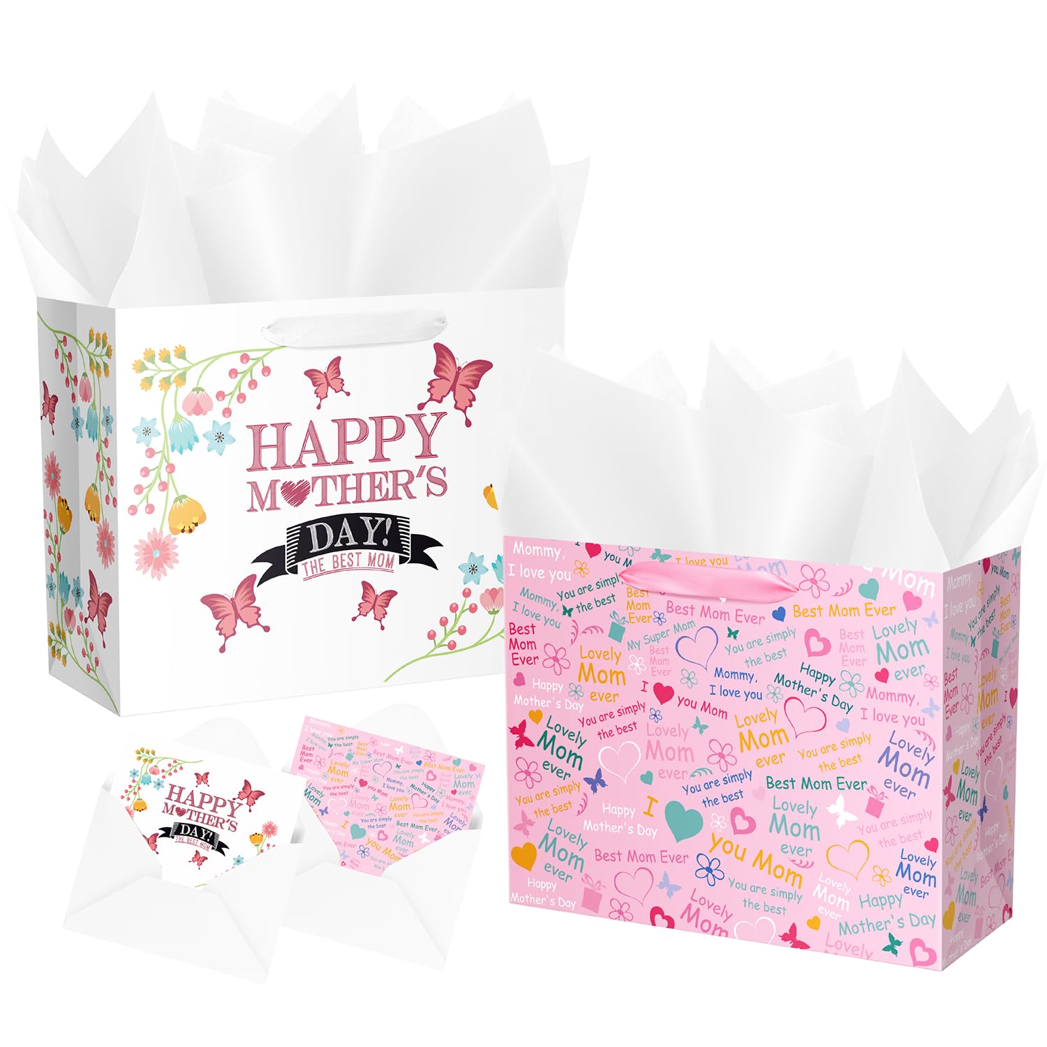 Lyforpyton 12.6" Medium Mother's Day Bag with Tissue Paper and Card for Mom, Grandma, Floral Gift Bags with Cards for Woman, Suitable for Mother's Day （ 2PCS ）