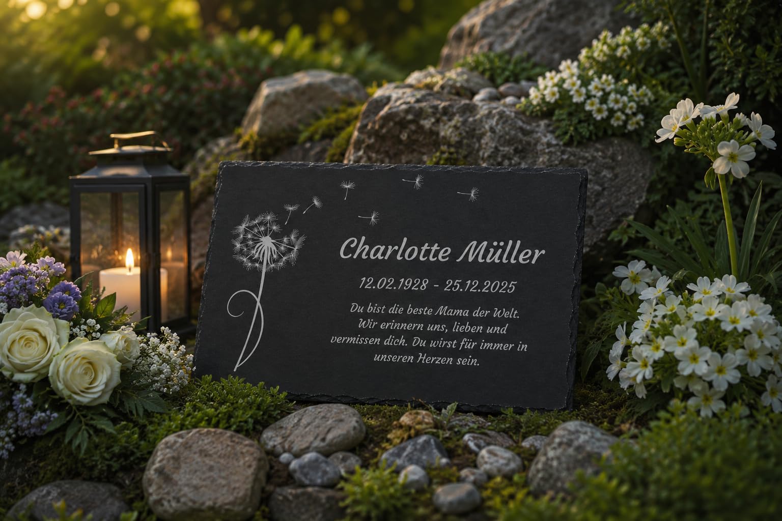 Schiefer Gedenktafel Grabplatte mit hochwertiger Gravur, Grabstein Urnengrab Grabschmuck selbst gestalten, Andenken an geliebten Mensch, Geschenk