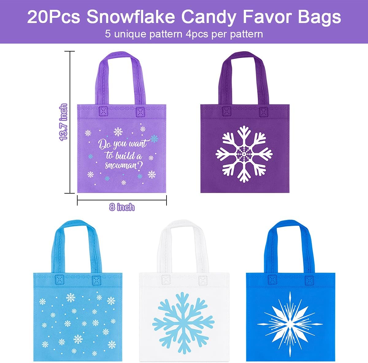 20Pcs Snowflake Party Favors, Winter Frozen Non-Woven Candy Treat Bags, Theme Goodie Gifts Tote for Kids Holiday Snowflake Winter Wonderland Birthday Baby Shower Party Supplies - Image 3
