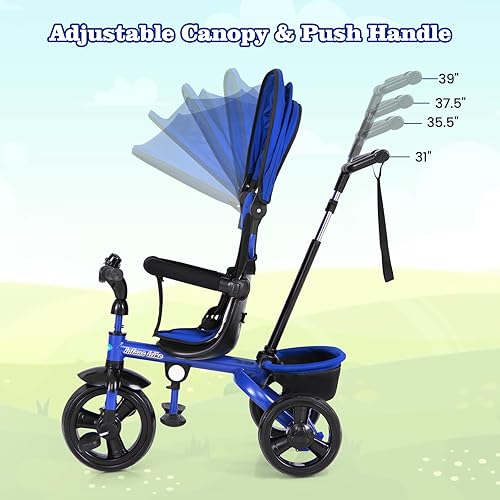 Miniatura 16 de INFANS Triciclo para niños, triciclo para bebés 6 en 1 con asiento reversible, mango de empuje ajustable, dirección de control, toldo extraíble