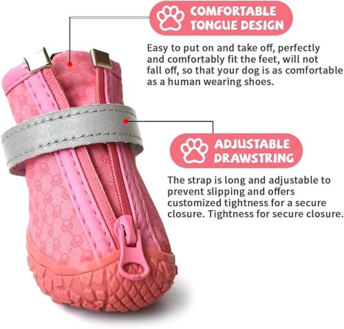 Miniatura 3 de Zapatos rosas para perros pequeños, botas antideslizantes para perros con tiras reflectantes, protectores de patas de cachorro para exteriores,