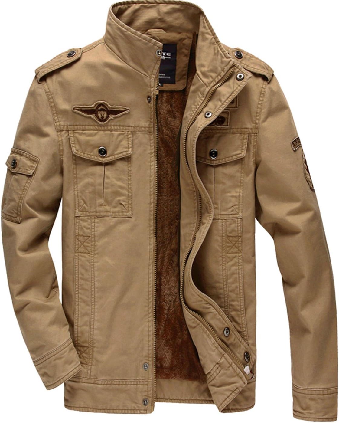 KEFITEVDMen's Winter Fleece Jacket Warm Cargo Stand Collar Military Thicken Cotton Jackets Coat