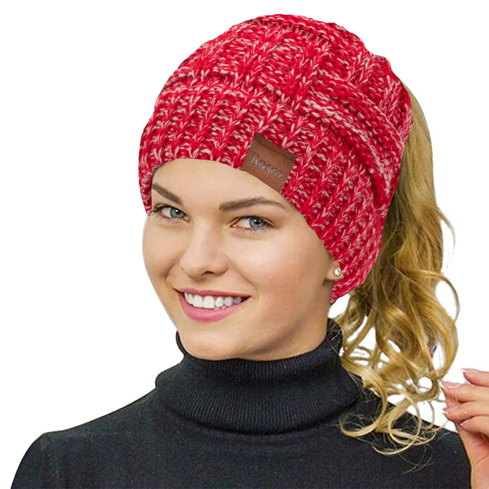 Rosoz Womens Ponytail Beanie Winter Beanie Hat Ponytail Hatfor Women Tail Stretch Cable Knit Cap Messy High Bun Hat