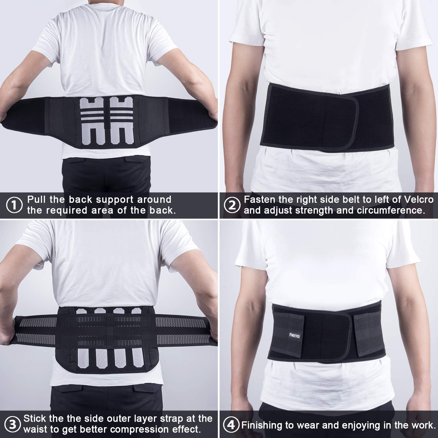 Freetoo Back Brace for Lower Back Pain Relief with 4 Stays, Breathable