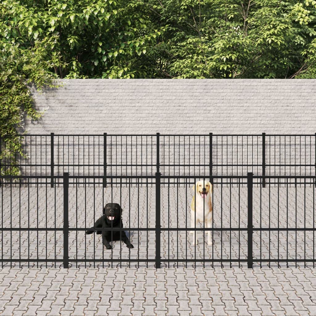 Perrera para perros exterior de acero con recubrimiento en polvo con paredes de rejilla de acero, 582 x 582 x 100 cm, valla de jardín, puerta para cachorros y perros protección para el patio