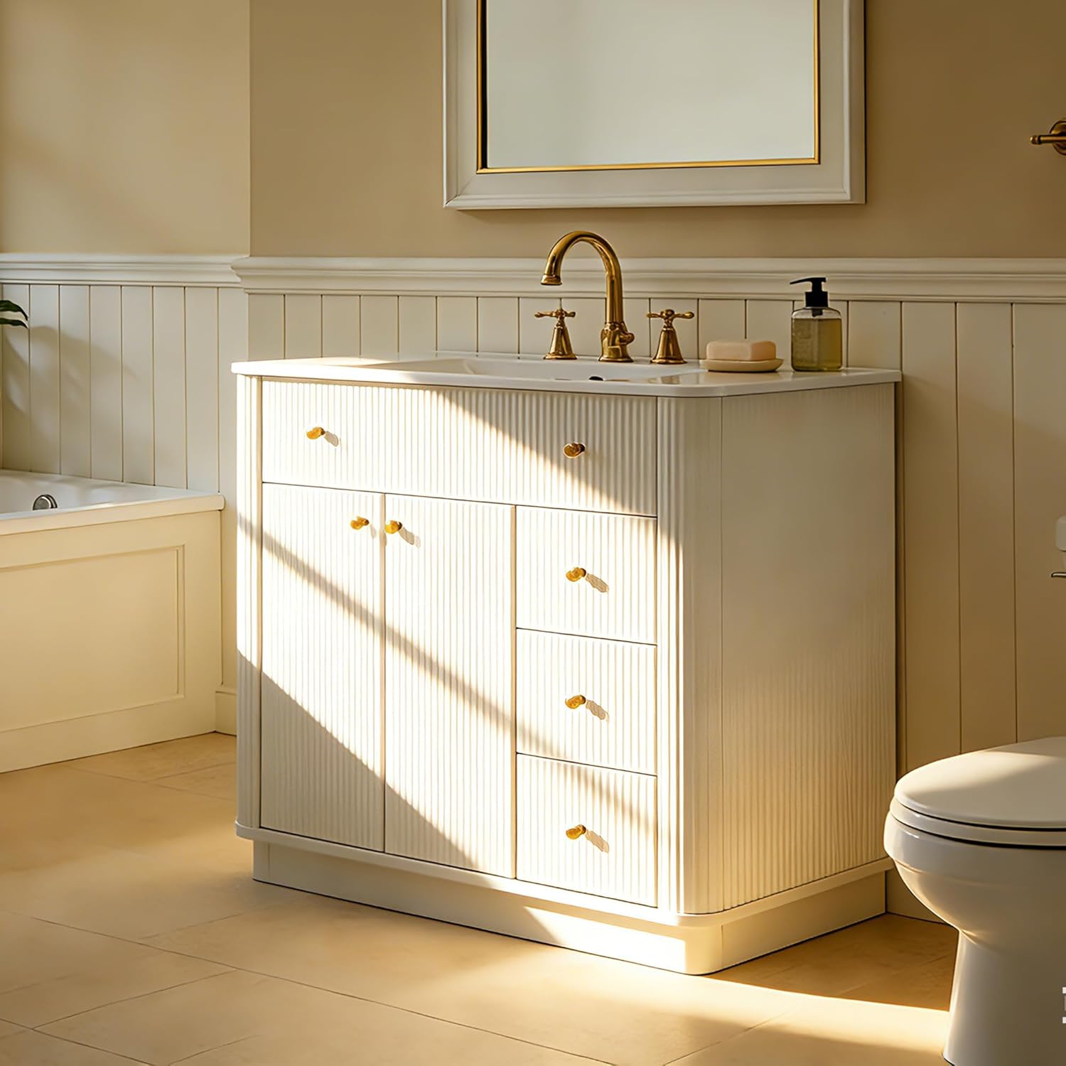 T4TREAM 36 Inch Bathroom Vanity with Sink, Modern Fluted Single Bathroom Vanity with Sink with Storage Cabinet, Adjustable Shelf and 3 Small Drawers, Solid White