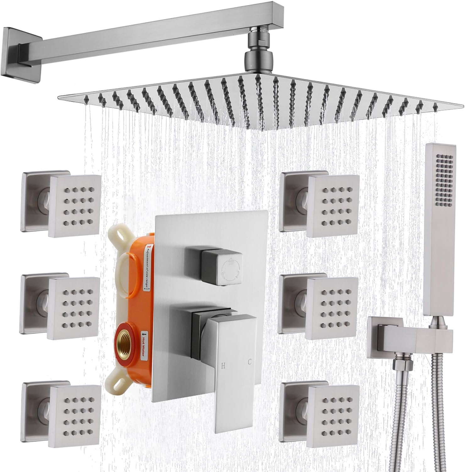 Enga Shower System with Body Jets 12 Inch Wall Mounted Rain Shower and