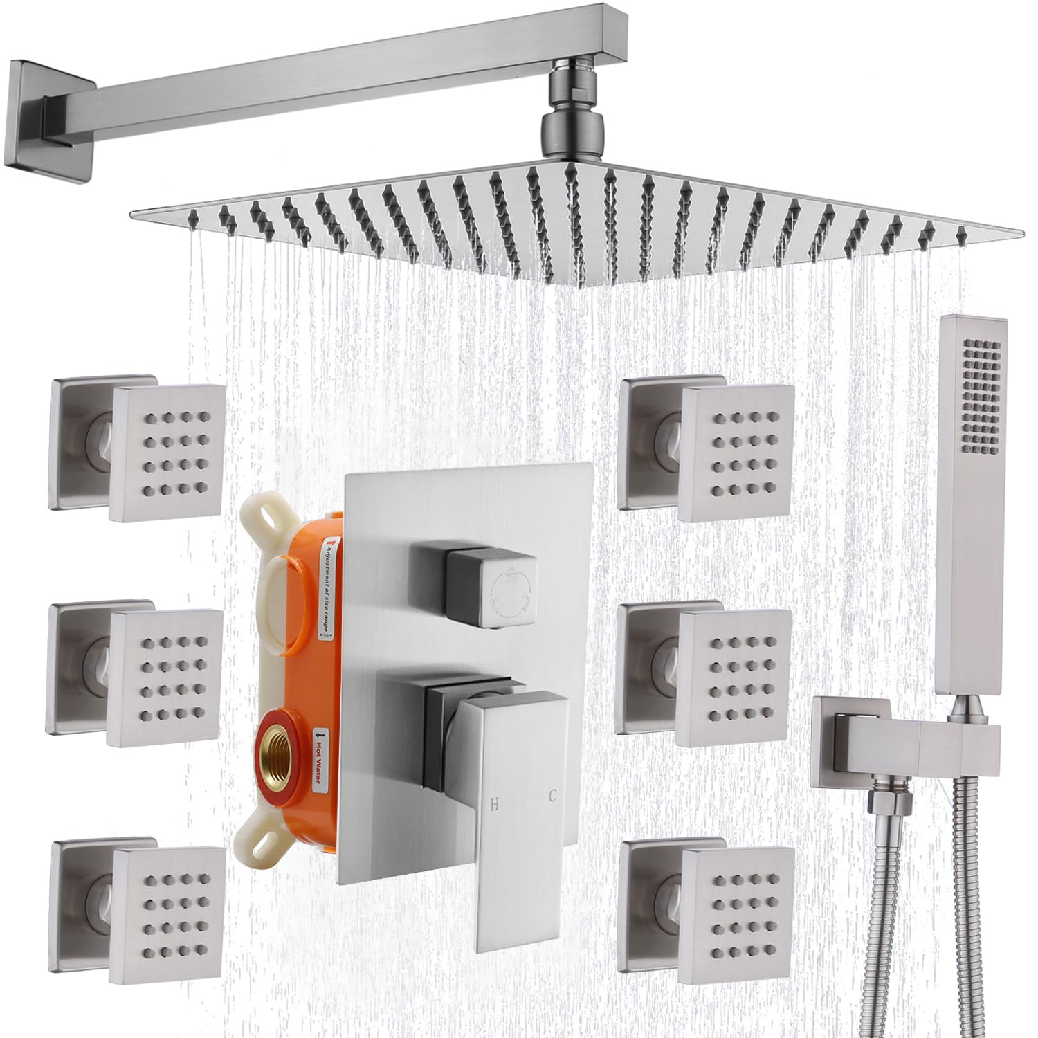 Enga Shower System with Body Jets 12 Inch Wall Mounted Rain Shower and Handheld Sprays Brass Full Body Massage Spa Jets Contain Rough-in Shower Valve, Brushed Nickel