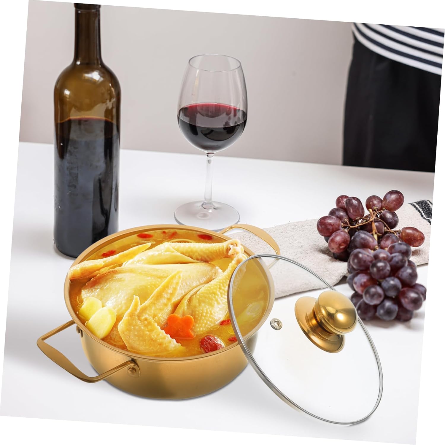 Stainless Steel Induction Ramen Pot Glass Lid Golden Double Handle Soup and Stew Pot for Cooking Noodles and Broths Easy to Clean for Home Kitchen Use