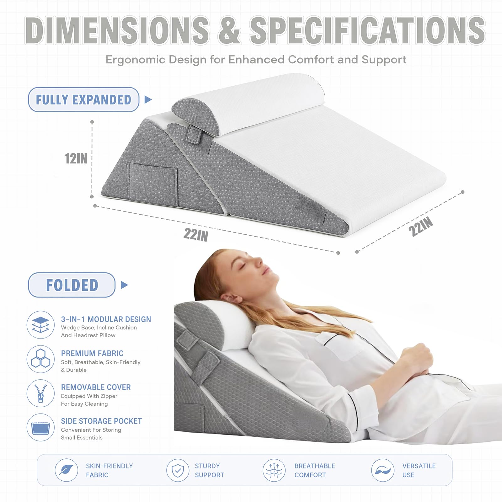 Verstellbares Keilkissen Bett, Lesekissen für Bett und Sofa | Orthopädische Keilkissen Rückenkissen Rückenlehne zur Schlafapnoe Lesen Schlaferhöhung Beinkissen Rückenschmerzen