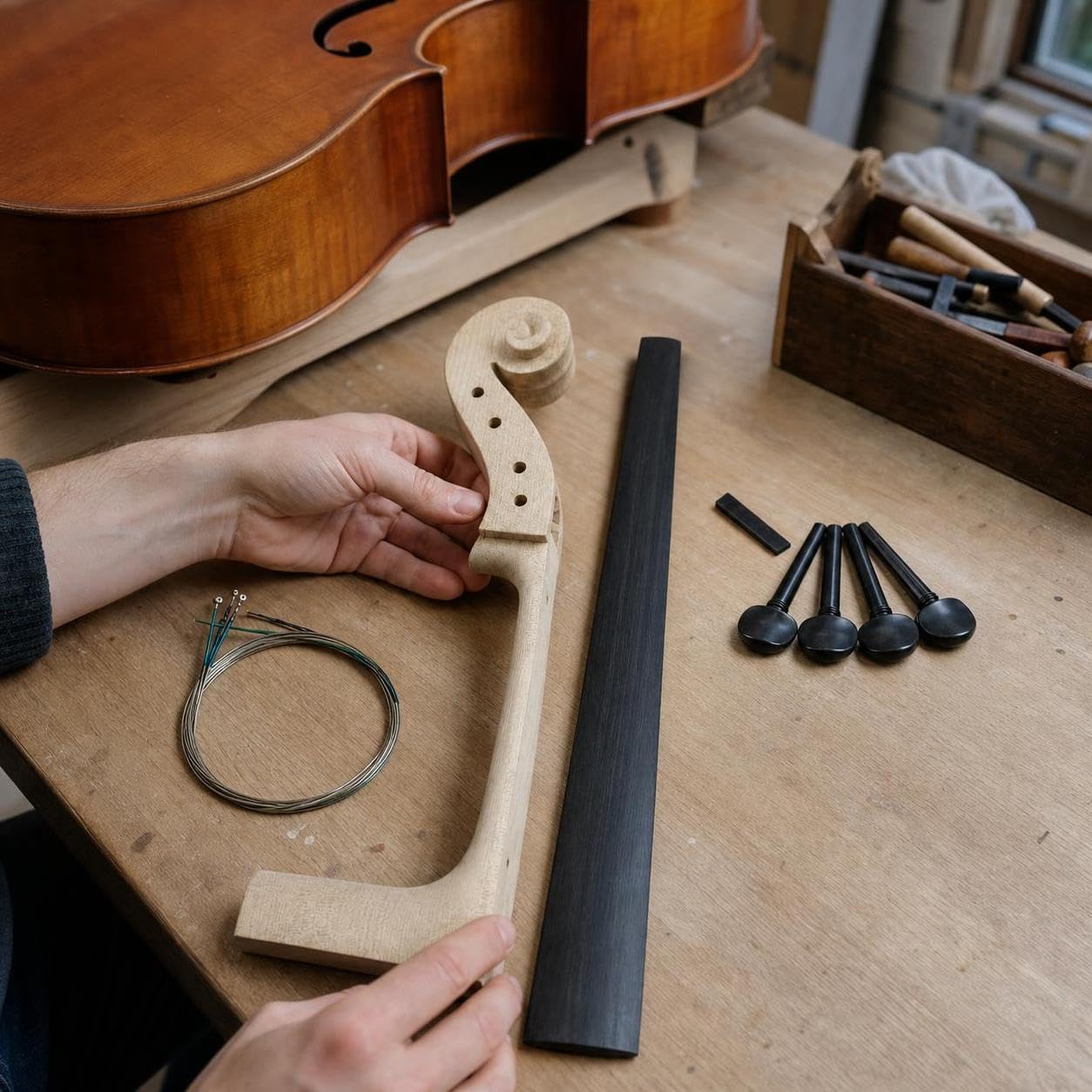 Ricambi Strumento 4/4, Tastiera e Piroli in Ebano, Manico in Acero, per strumenti, Testa in acero per violoncello 4/4 + tastiera in ebano + piroli in ebano a doppio occhio + set di corde