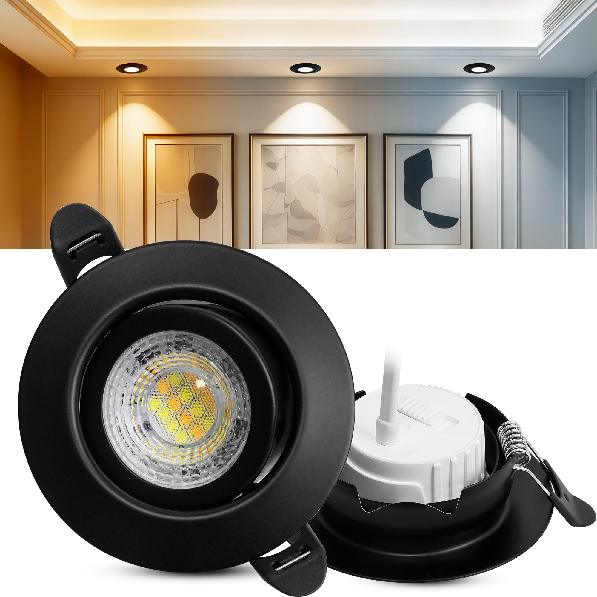 Laiebri LED Einbaustrahler 230V Dimmbar, 6W IP44 LED Spots, 68mm Deckenspots 38° Schwenkbar 3000K/4000K/6000k für Badezimmer Küche Wohnzimmer Einbauspots Flach Einbauleuchten, Schwarz, 6er Set