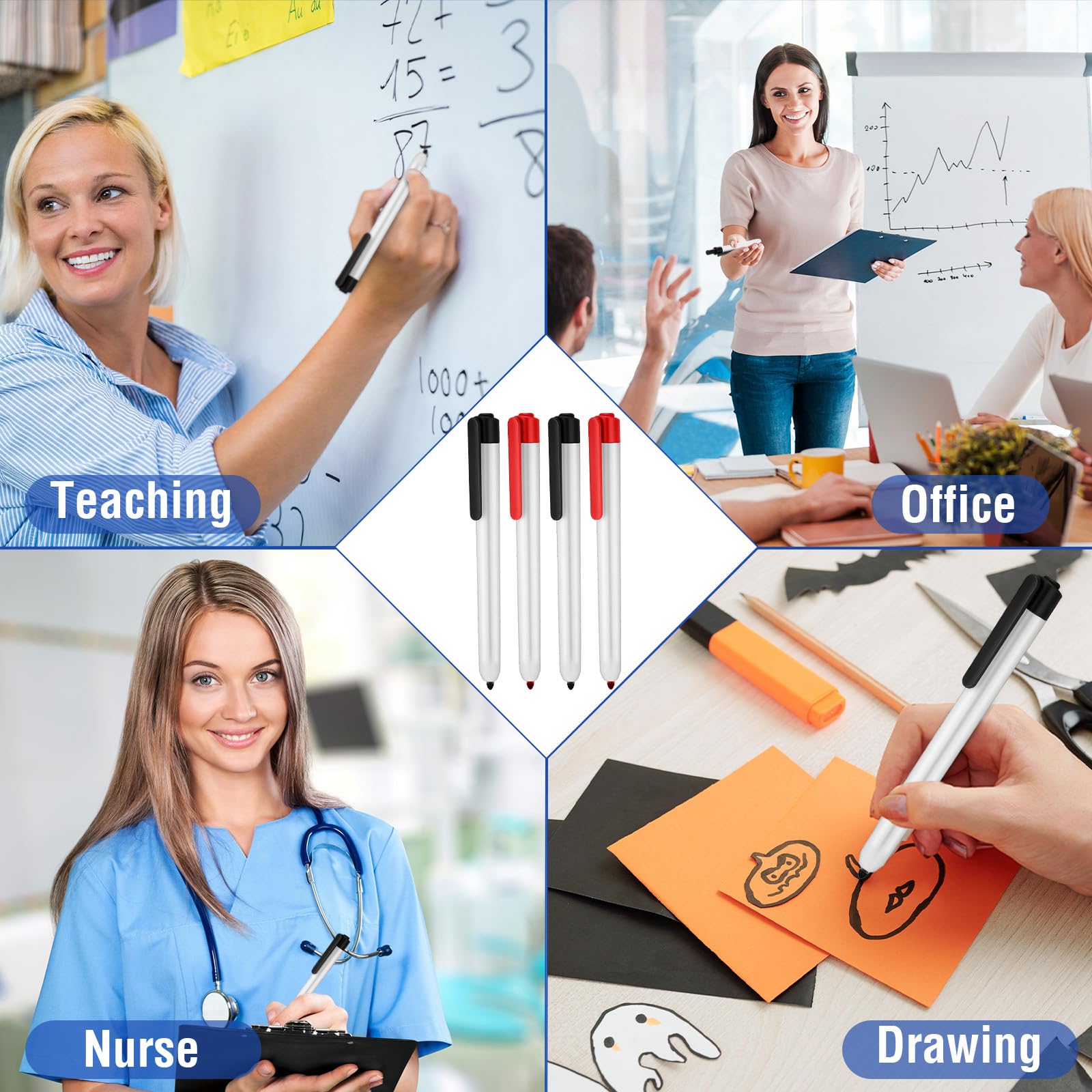 Affrolling Ausziehbare Whiteboard-Marker, 24 Stück, anklickbar, kein Verlaufen, feine Spitze, große Kapazität, radierbare Marker für Schule, Büro, Meetings (Schwarz, Rot)