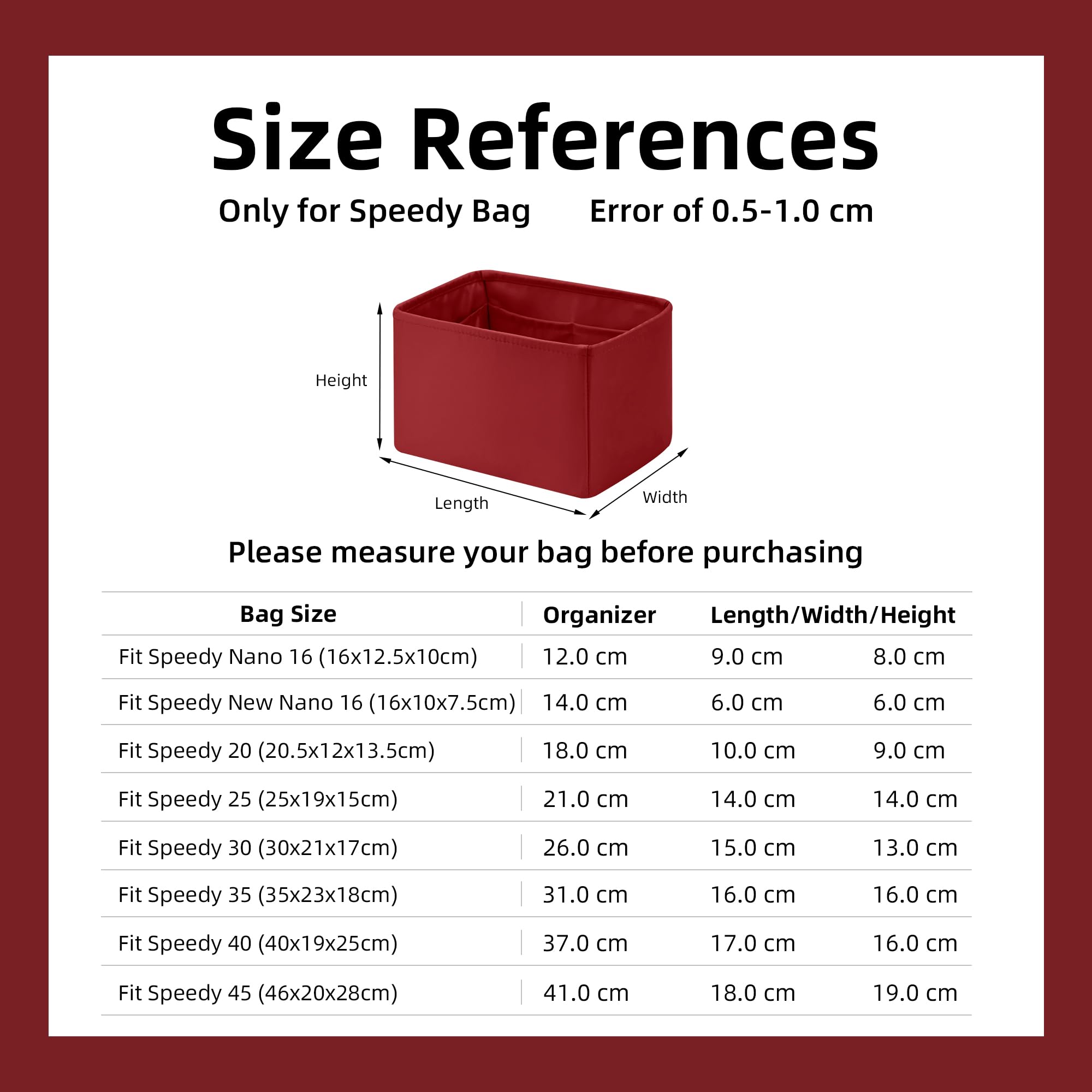 DGAZ Organizador de Bolso de Seda Premium, Inserto Ligero para Speedy 16/20/25/30/35/45, Forro Interior Elegante que Protege y Organiza (Rouge casaque, Speedy 20)