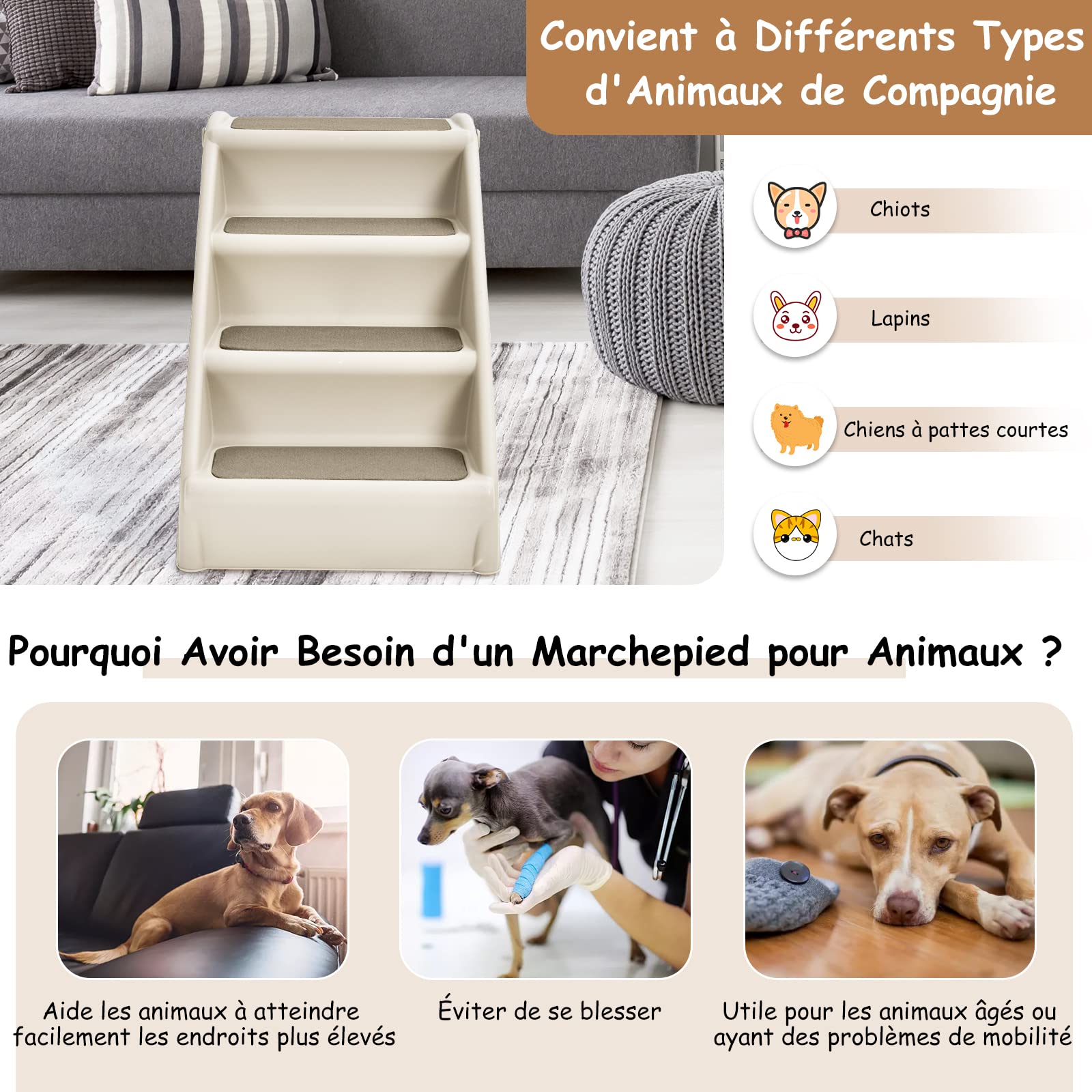 GYMAX Escalier pour Chien en Plastique 4 Marches, Rampe Intérieure et Extérieure avec Coussinets Antidérapants, Charge Max 60KG (Beige)