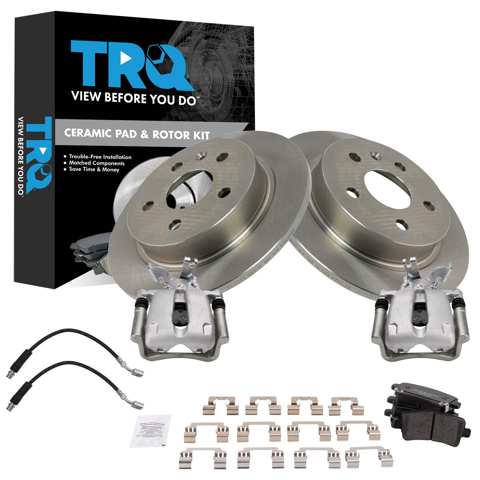 TRQ Rear Brake Pad and Rotor Set Ceramic Solid Rotors Calipers Compatible with 2014-2015 Chevrolet Malibu 2016 Malibu Limited