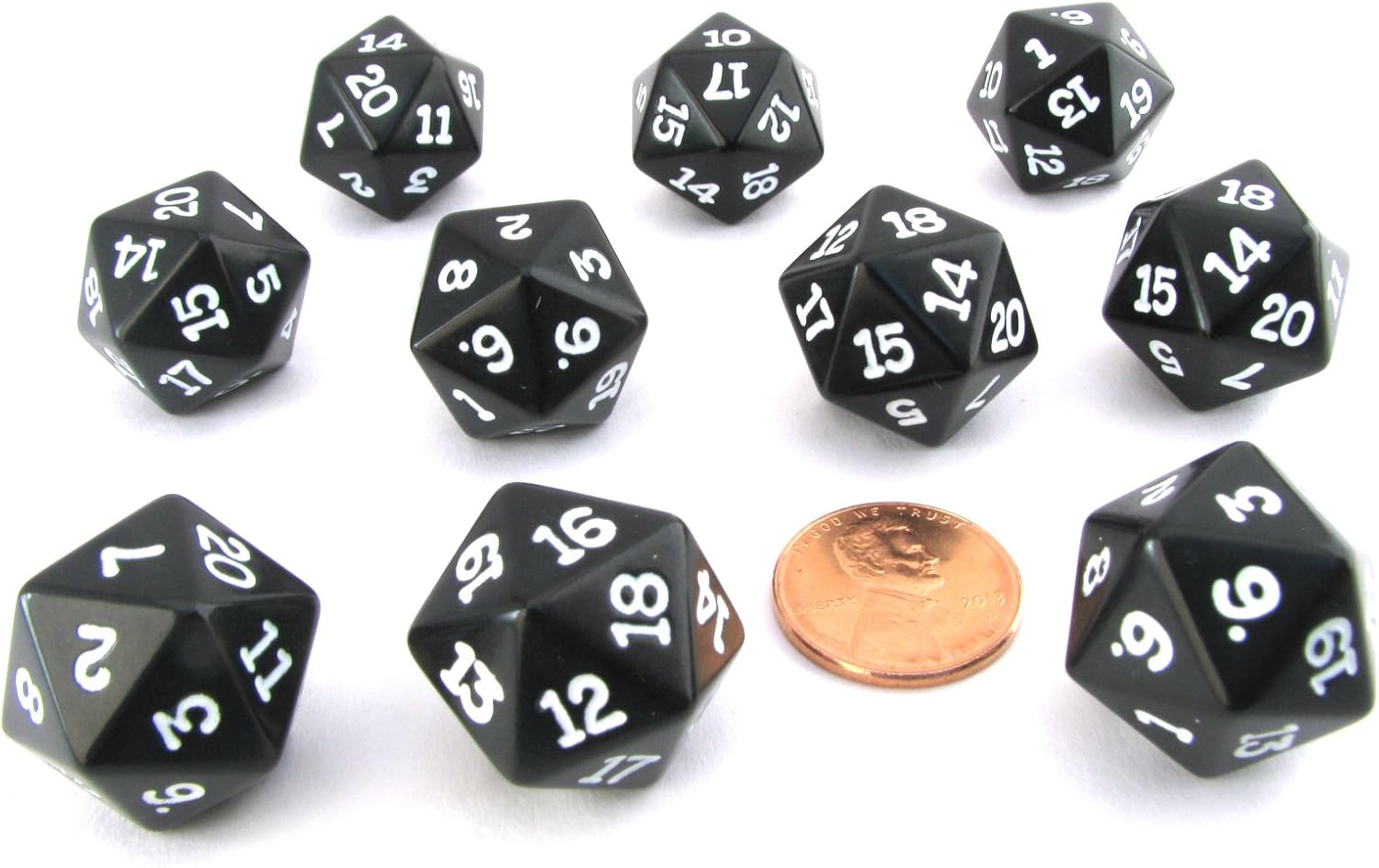 Koplow Games Set of 10 Twenty Sided 19mm D20 Opaque RPG Dice - Black with White Numbers Die