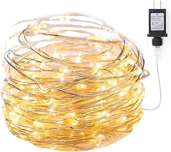 Minetom Fairy Lights Plug-in, 33Ft 100 LEDs Waterproof Silver Wire Firefly Light, Warm White