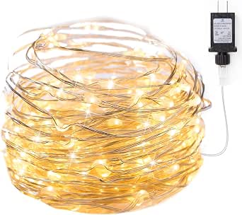 Minetom Fairy Lights Plug-in, 33Ft 100 LEDs Waterproof Silver Wire Firefly String Lights, Warm White