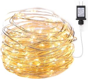 Minetom Fairy Lights Plug in 33Ft 100 LEDs Waterproof Silver Wire Firefly Lights Adaptor Included Starry String Lights