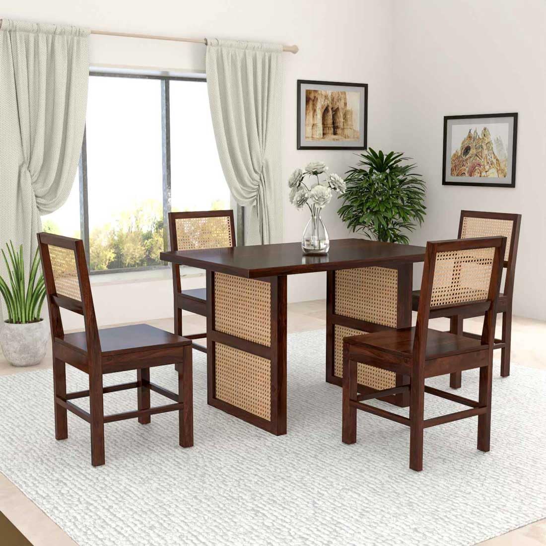 Solid Sheesham Wood Dining Table Set 4 Seater with Handwoven Cane Rattan Panels | Elegant Wooden Dining Furniture for Home (Walnut Finish)-image-15