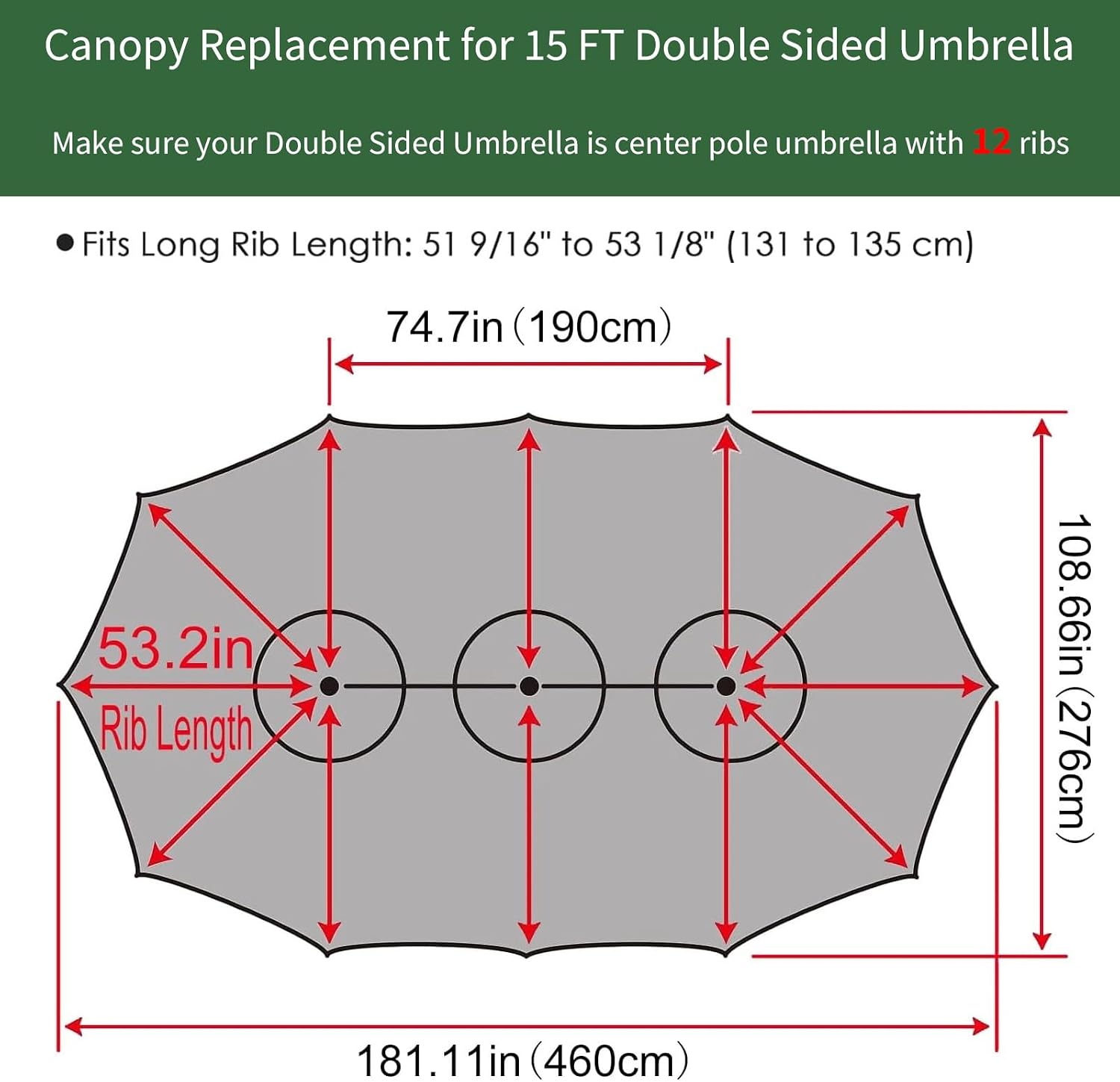 15ft Double Sided Patio Umbrella Replacement Canopy, 12 Ribs Umbrella Replacement Top Cover, Frame Not Included