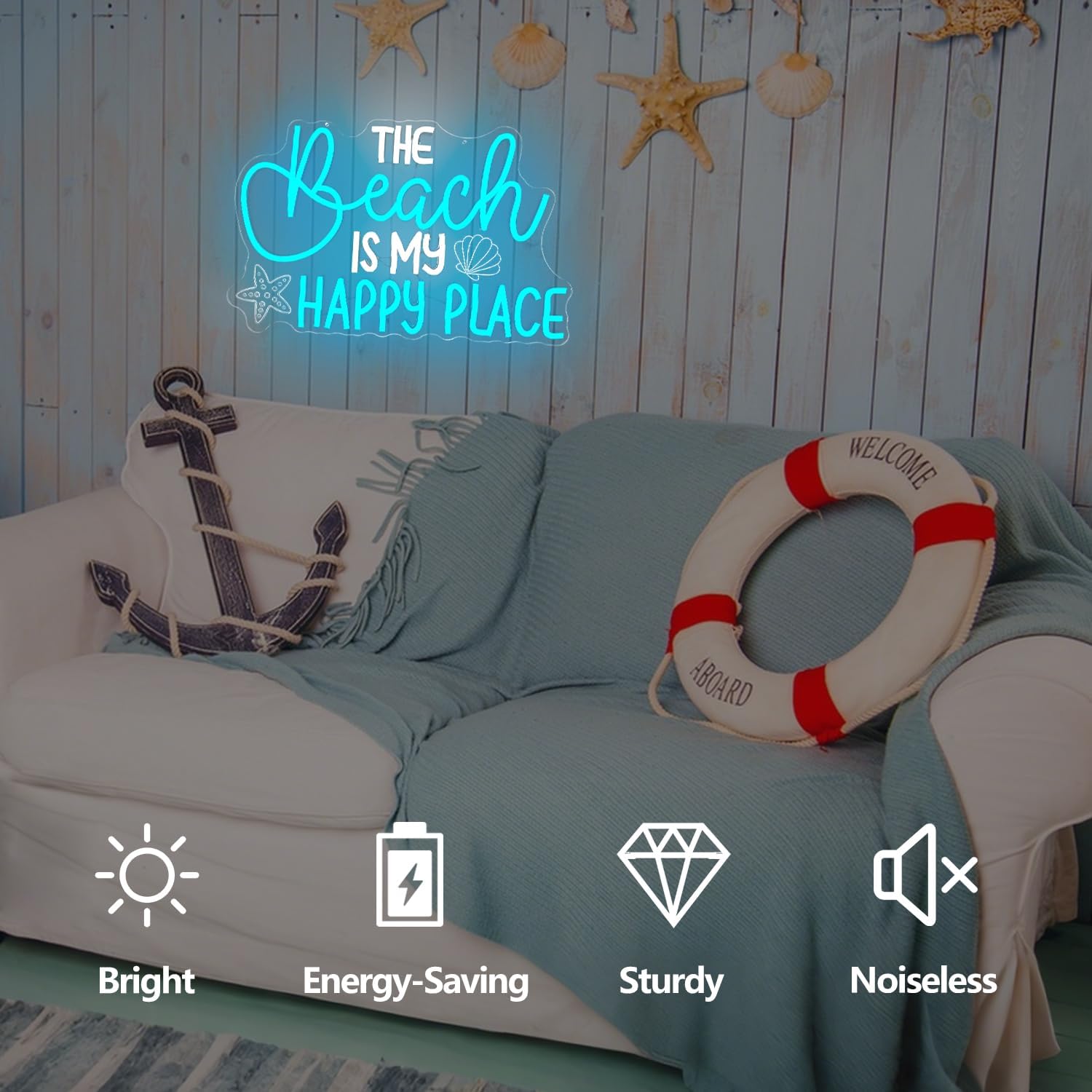 Beach Neon Sign The Beach Is My Happy Place Led Sign Dimmable Coastal Christmas Neon Lights Starfish Shell Light Up Signs Beachy Wall Art Summer Ocean Room Decor