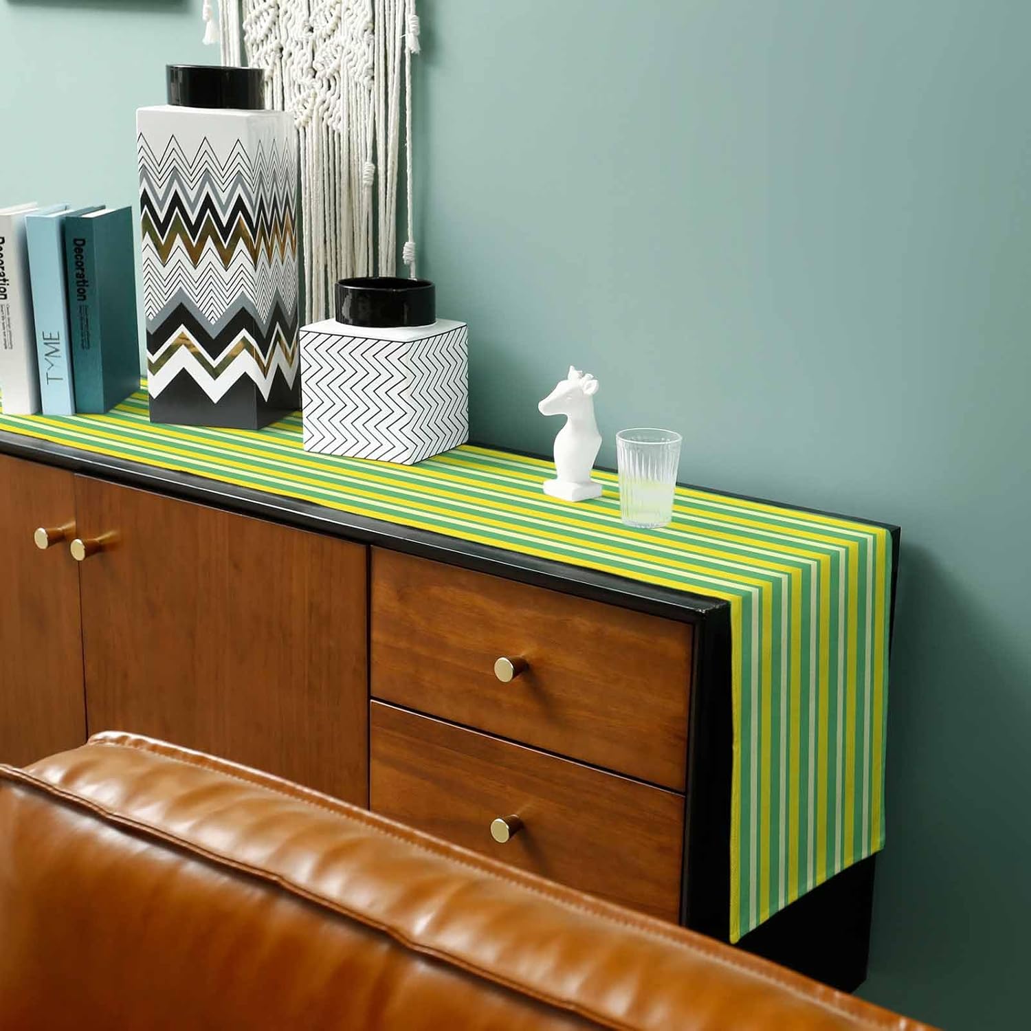 Z&L Home Linen Table Runner Summer Lemon Yellow and Green Stripes Table Runners Dresser Scarf for Outdoor or Indoor Parties Geometric Striped Kitchen Dining Decor 13x90In