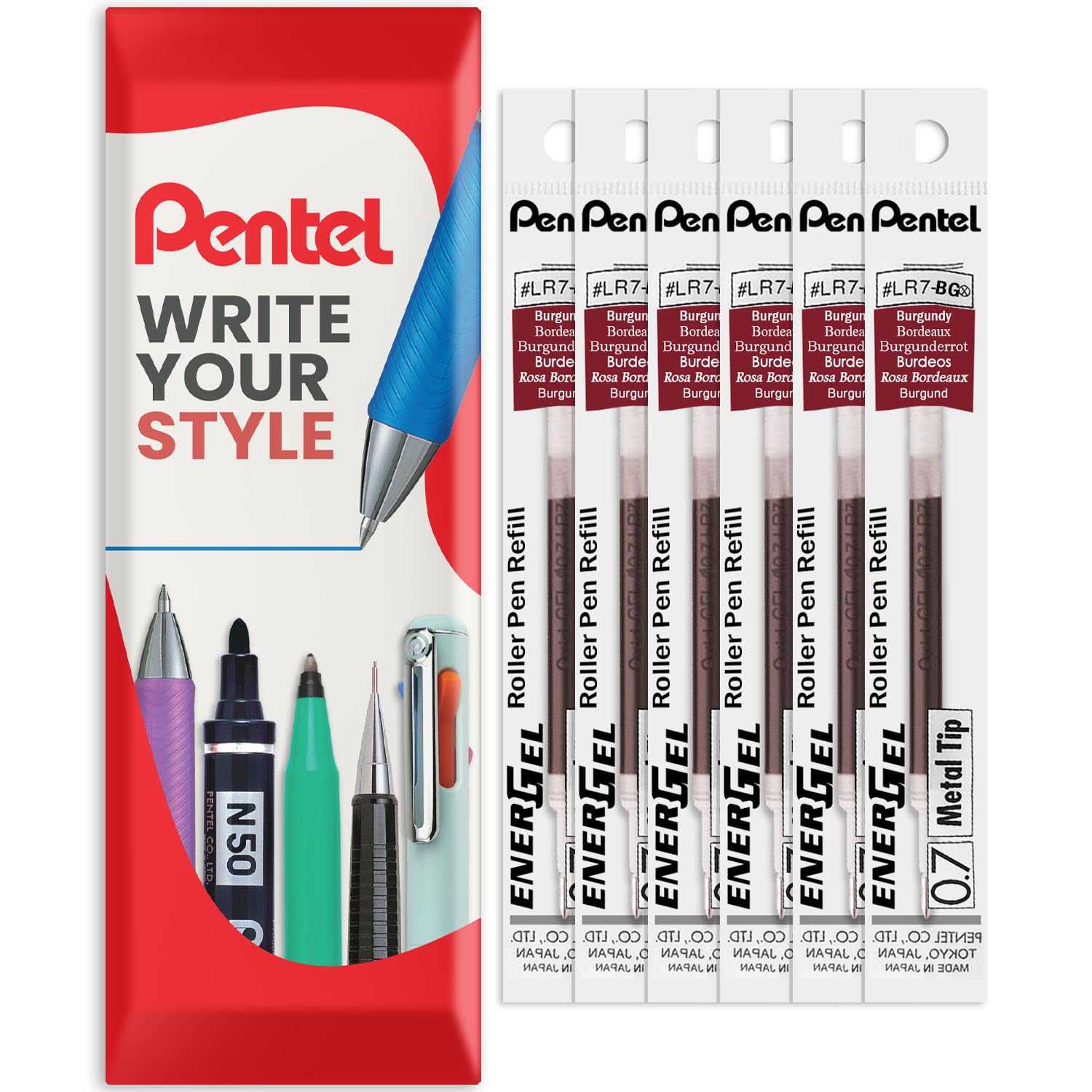 Pentel Energel 0.7mm Refill Metal Tip LR7 - BL77/BL57/BL37 Pen Refill - in Envelope Gift Packaging - Pack of 6 (Burgundy)