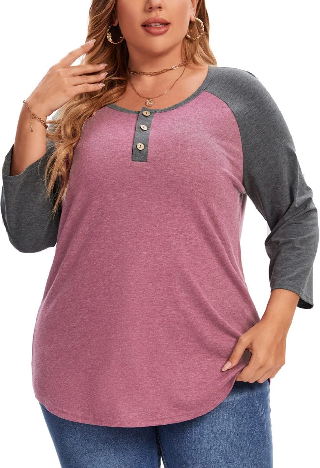 3/4 Sleeve Shirts for Women Plus Size Casual V Neck Blouses Color Block Henley Shirts