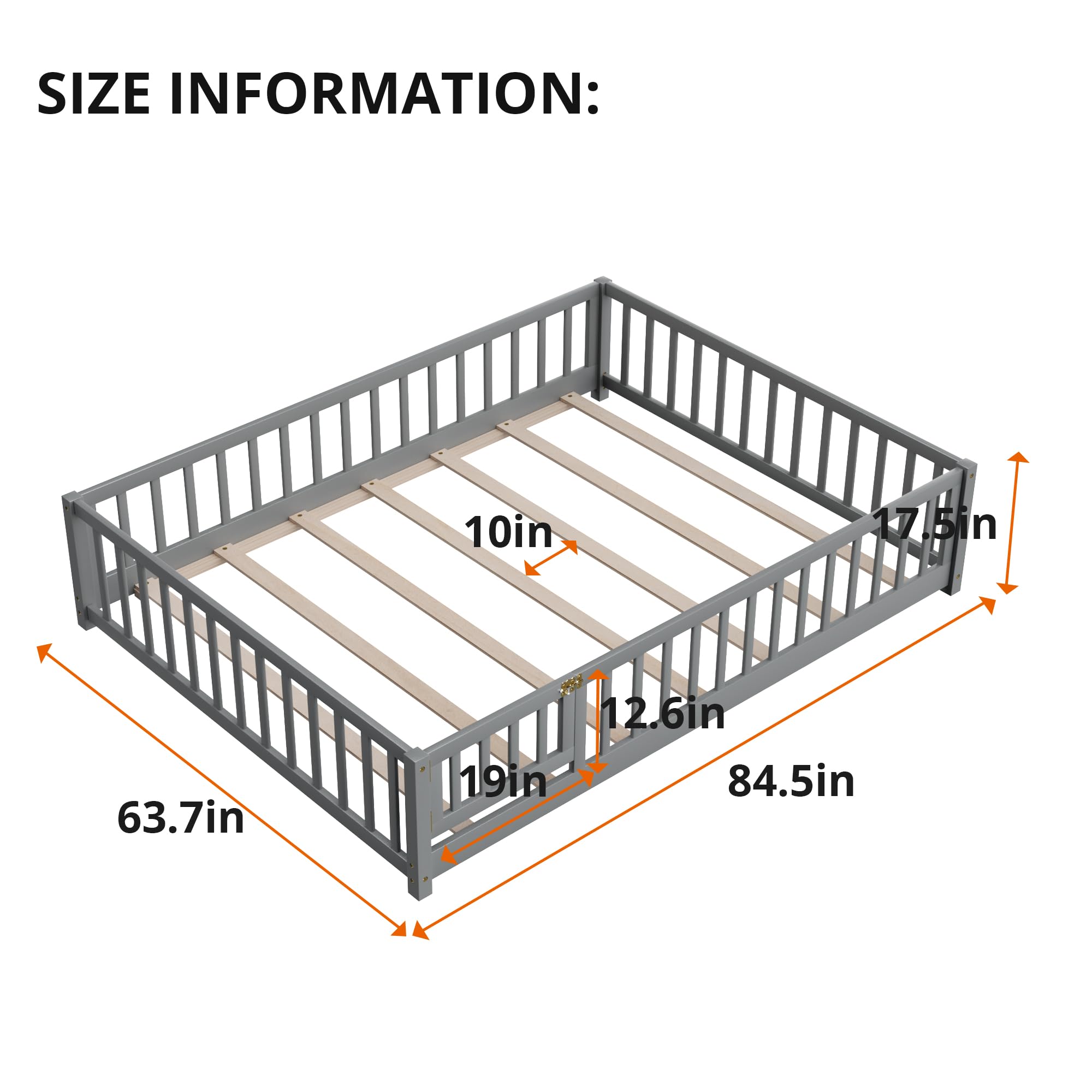 Queen Size Floor Platform Bed with Fence-Shaped Guardrails and Door, Solid Wood Platform Bed Frame with 7 Slats Support Montessori Bed Frame for Boys Girls Bedroom Playroom No Box Spring Needed, Gray