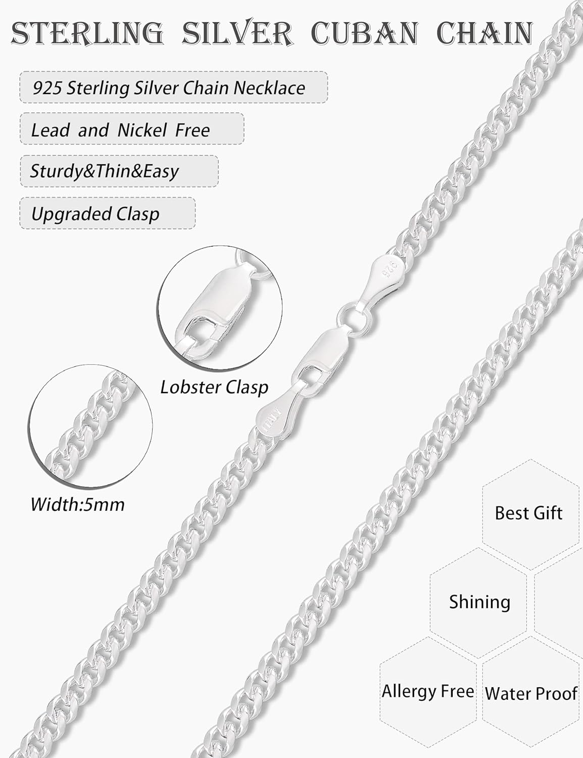 Solid 925 Sterling Silver 3.5/5/7/10mm Cuban Link Curb Chain Necklace for Men Women 925 Sterling Silver Chain 16-30 Inches Made in Italy - Image 4
