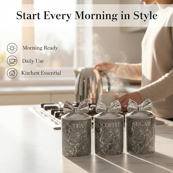 BML Marble Tea Coffee Sugar Canister Set With Silver Bow Lids Ceramic Kitchen Storage Jars Suitable For Countertop Use Modern Home Decor Containers For Everyday use (Gray)