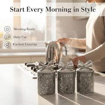 BML Marble Tea Coffee Sugar Canister Set With Silver Bow Lids Ceramic Kitchen Storage Jars Suitable For Countertop Use Modern Home Decor Containers For Everyday use (Gray)