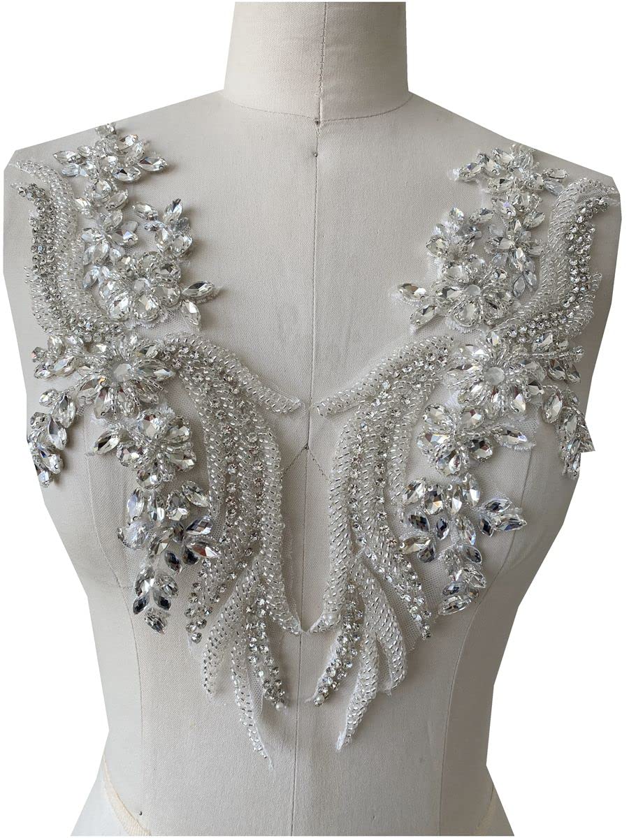Apliques de encaje con diamantes de imitación para coser a mano, accesorios de decoración en forma de ala, parches de un par