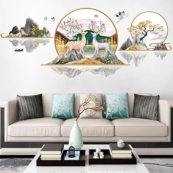 Chinese Style Landscape Painting Wall Decal Plum Blossom Deer Wall Paste PVC Material Removable Large Wall Decorations Living Room Bedroom Art Deco Wall Stickers sika Deer
