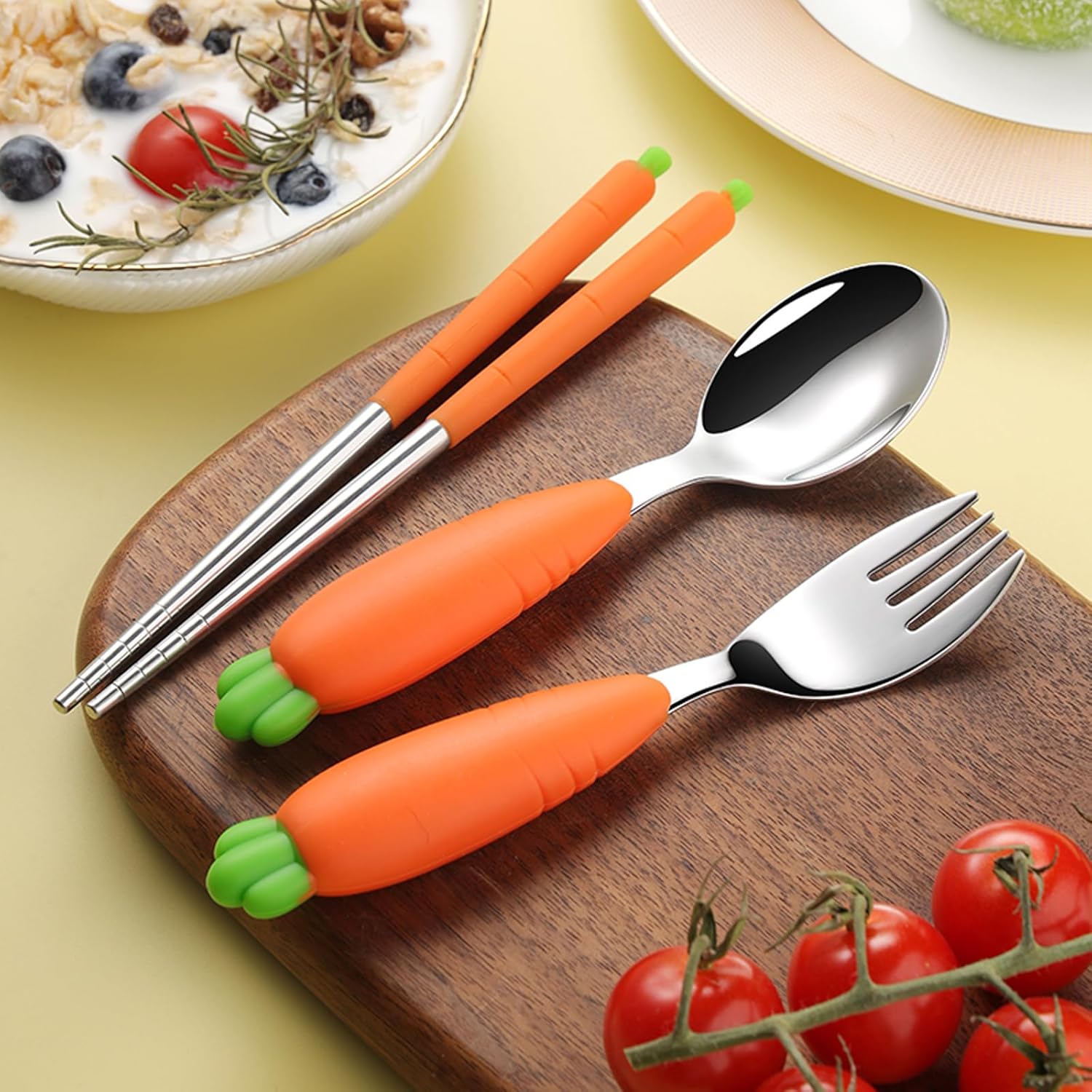 Baby Toddler Fork and Spoon Utensil Set, 4 Pack Silicone Stainless Steel Spoon Fork for Babies Toddler (Carrot Set)