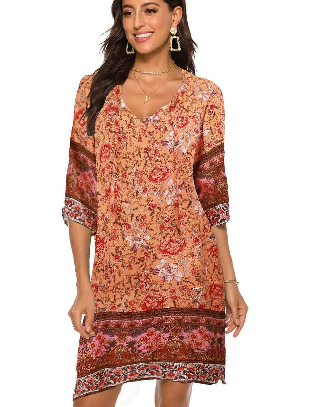 BDTECAOR Damen Vintage Ethnostil Blumenmuster Bohemian Tunika Kleid V-Ausschnitt 3/4 Arm Strandkleider Sommerkleider